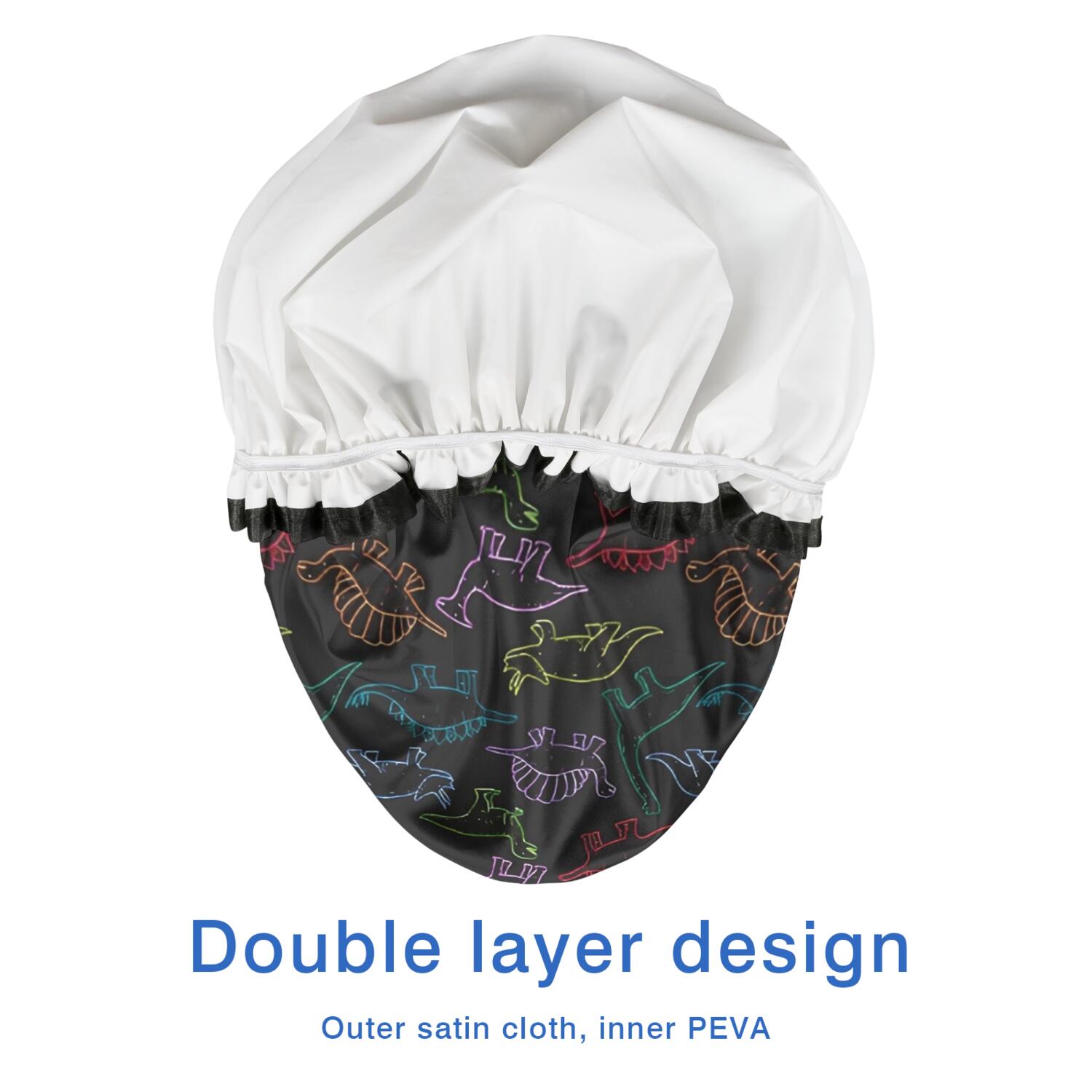Shower Caps,Black Colorful Dinosaurs Chalk Pattern Waterproof Shower Cap for Women 4 Pieces,Double Reusable Hair Cover for Shower PEVA Elastic Stretch Hem
