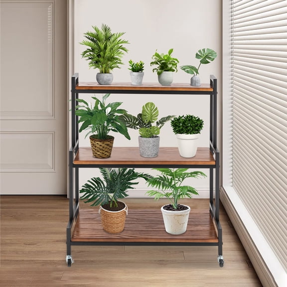 ToppiJoy 3 Tier Plant Stand Indoor Outdoor Rustic Flower Pot Stand Rack with Wheels Wood and Metal Plant Display Shelf for Living Room Garden Patio Balcony Corner(Brown)