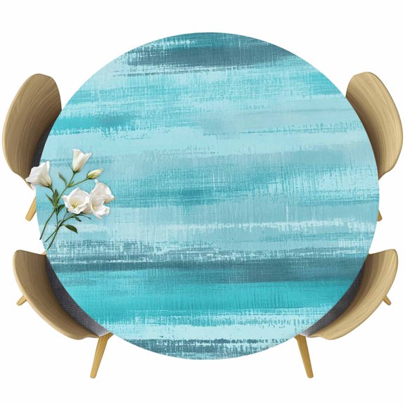 Teal Ombre Round Tablecloth 55-60 Inch Round Fitted Table Cloth with Elastic Edge, Vintage Shabby Turquoise Abstract Art Waterproof Table Cover Protector for Outdoor Picnic Party Dining