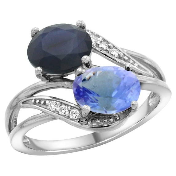 14K White Gold Diamond Natural Quality Blue Sapphire & Tanzanite 2-stone Mothers Ring Oval 8x6mm, size 5