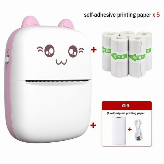 Mini Photo Pocket Printer Portable Ink-Free Thermal 57mm Sticker Trans Paper Wireless BT 200dpi Android IOS Printing Machine Back To School（Color Pink Printer With 5Rolls White Sticker）