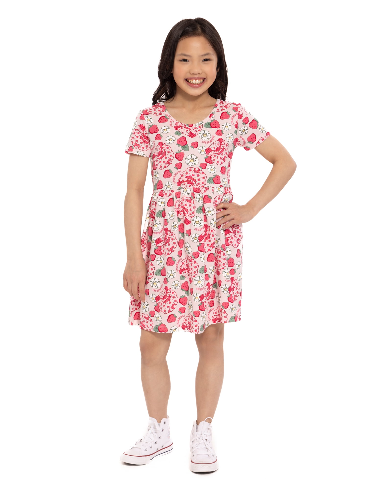 Strawberry Shortcake Girls Allover Print Dress with Short Sleeves, Sizes 4-12