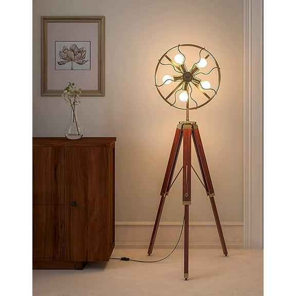 Modern Brass Antique Vintage Fan Look 5 Light Antique Tripod Floor Lamp with Adjustable Stand (Brown) 65 Inch Hight Pack of 1
