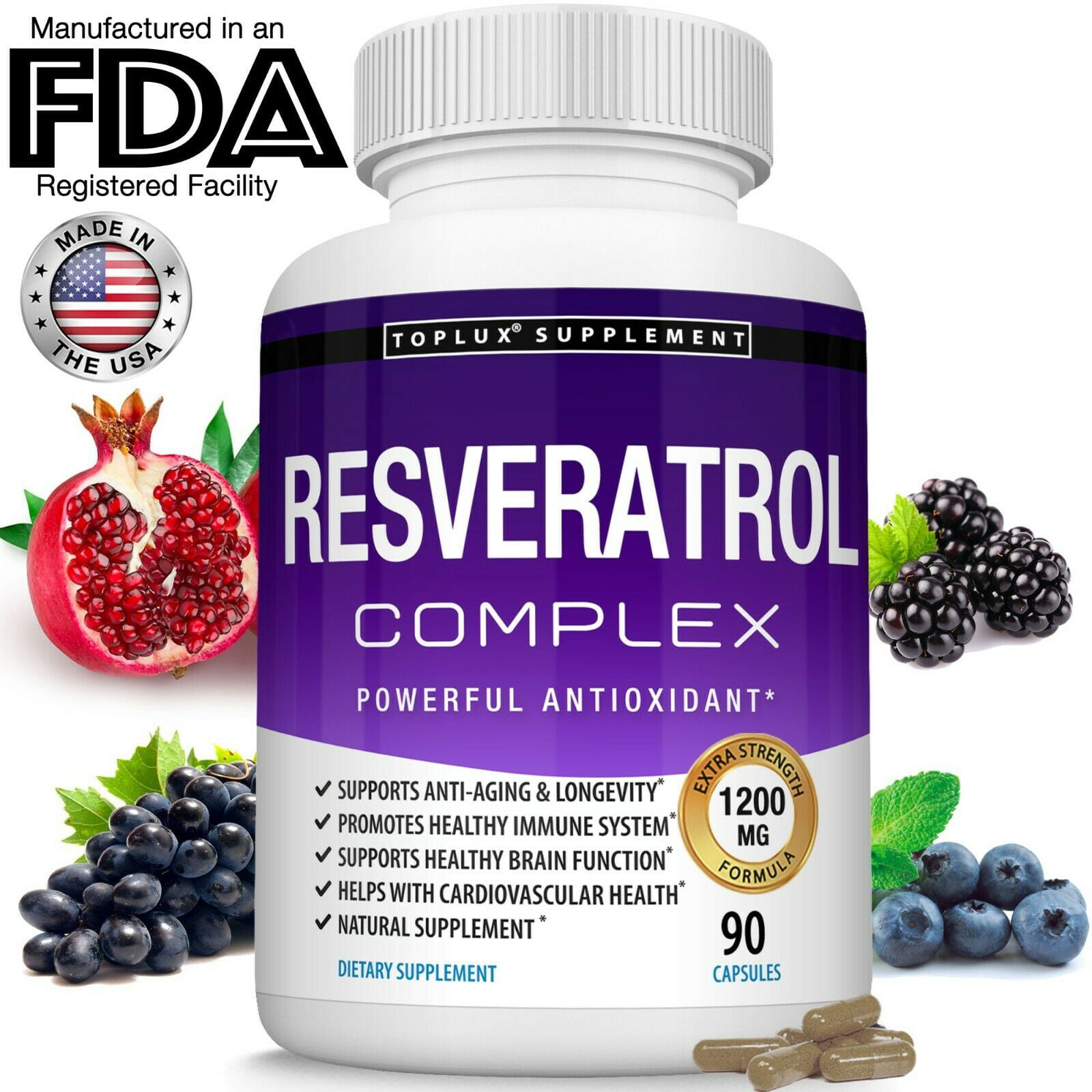 BRI Nutrition Resveratrol 1200mg Extra Strength Supplement 60 Veggie Capsules 