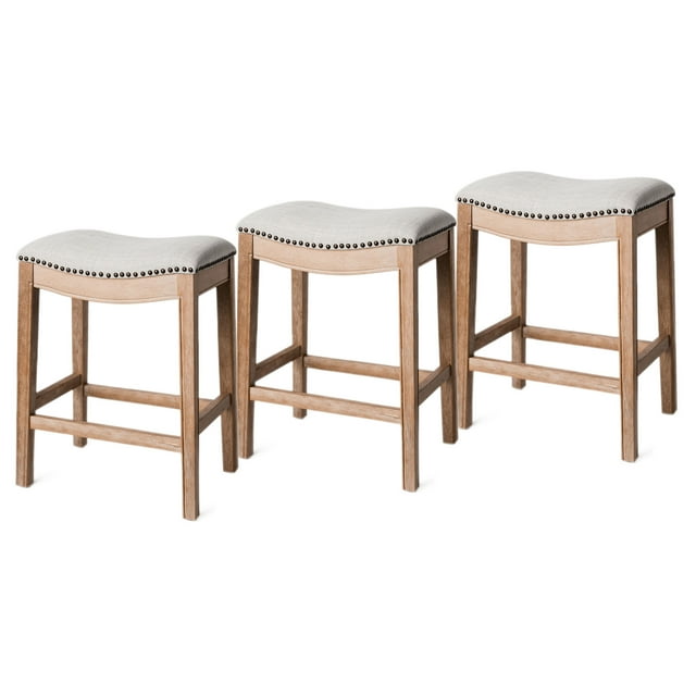 Maven Lane Adrien Saddle Counter Stool in Weathered Oak Finish w/ Sand Color Fabric Upholstery, Set of 3