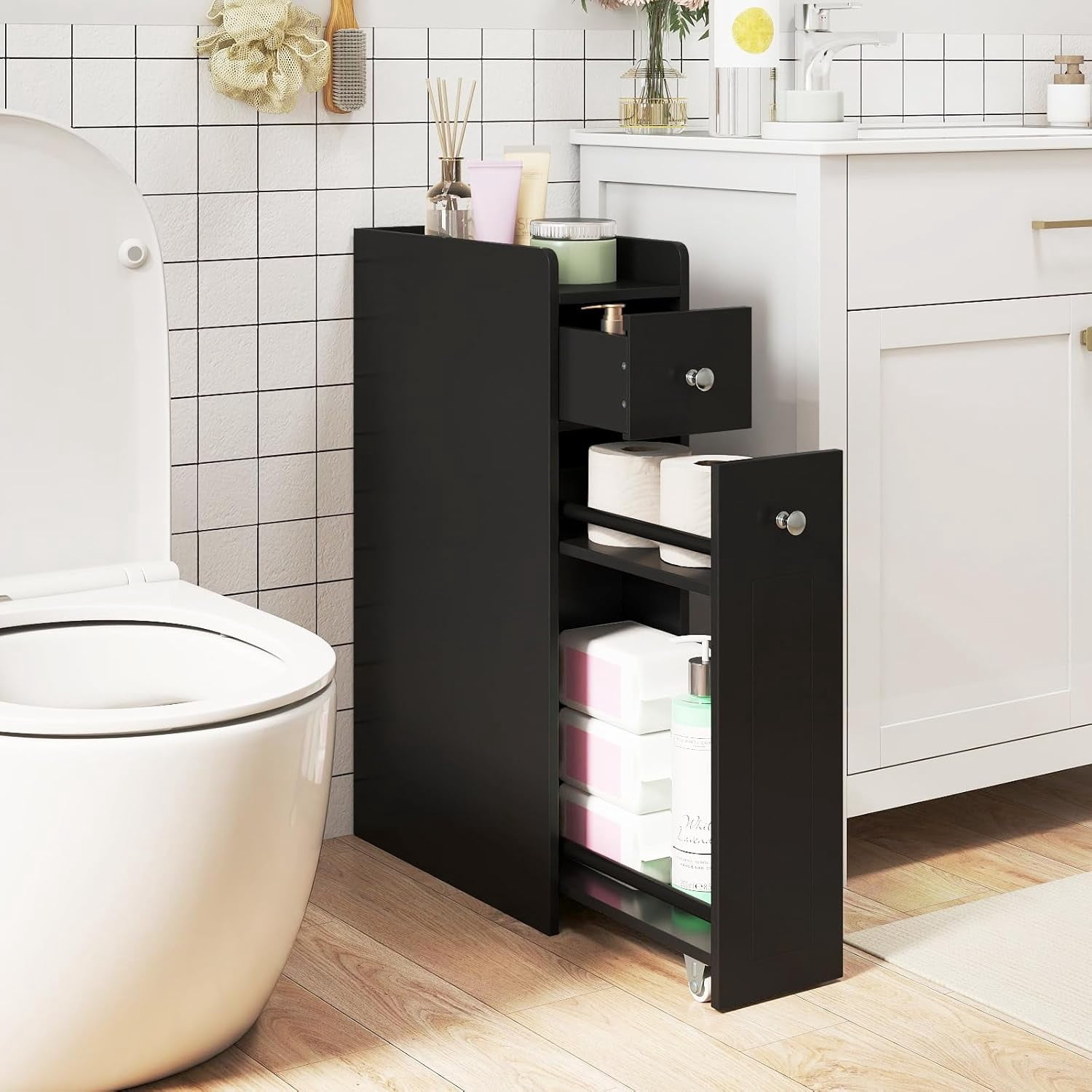 CHTER Slim Bathroom Storage Cabinet, 4-Tier Narrow Small Side Storage Cabinet Next to Toilet, Slide Out Drawers on Casters, Bathroom Floor Organizer Toilet Paper Holder for Small Spaces (Black)