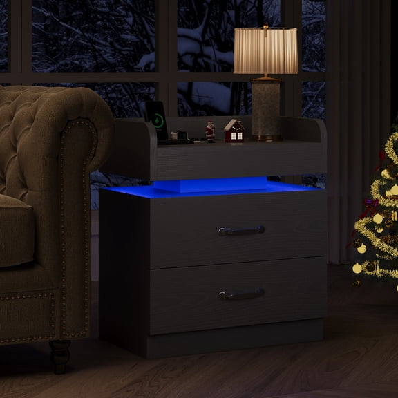4 EVER WINNER LED Nightstand, Modern Black Night Stand End Tables with Charging Station & LED Lighting, 2 Drawers, Open Shelf Storage, Bedside Tables for Bedroom & Living Room