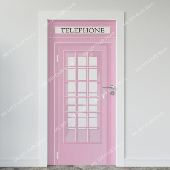 Pink Teleph Booth Door Sticker Self-adhesive Pink Wooden Door for Bedroom Study Bathroom Door Wall