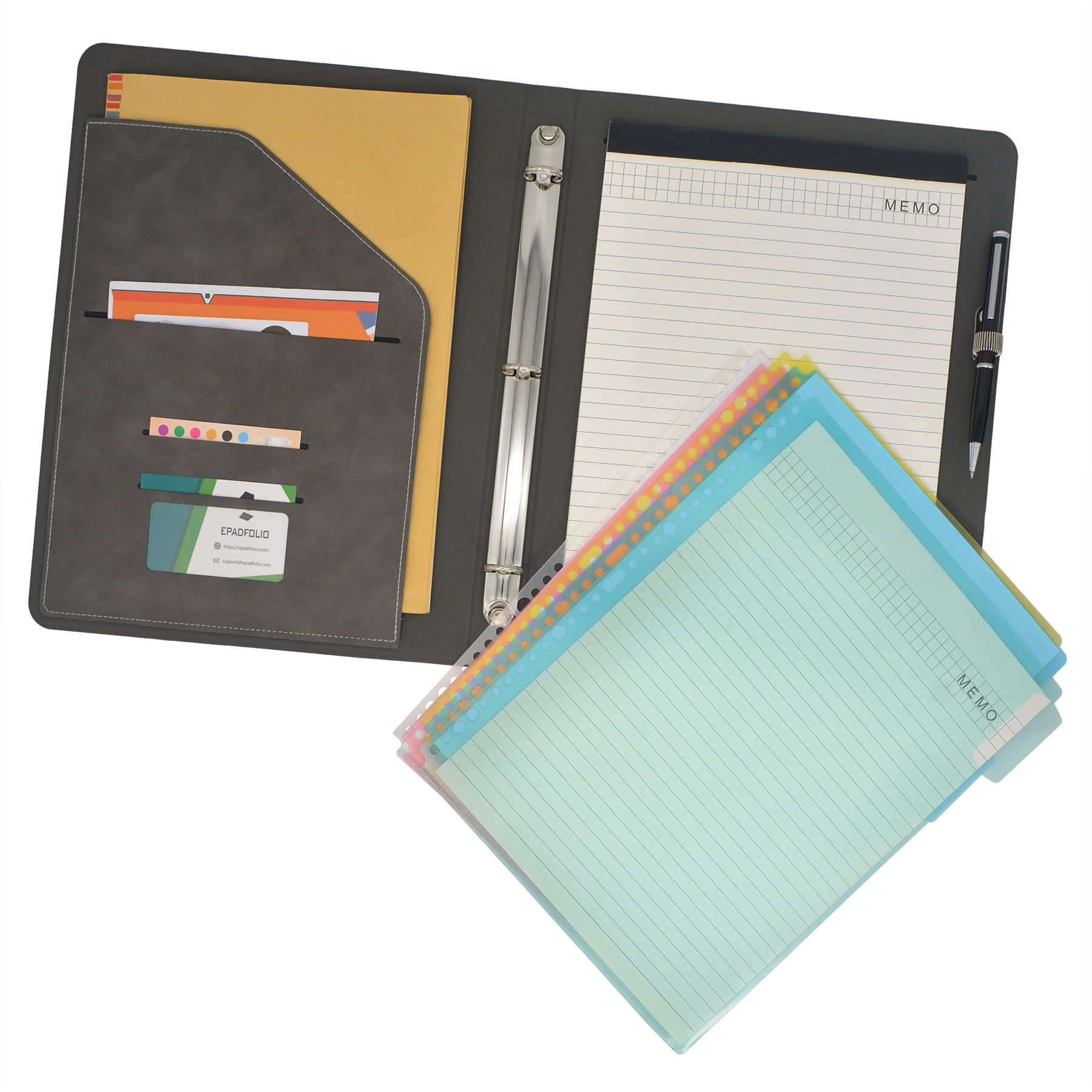 3 Ring Binder Padfolio Clipboard Case with Color File Folders, PU Leather Padfolio Ring Binder with Clipboard
