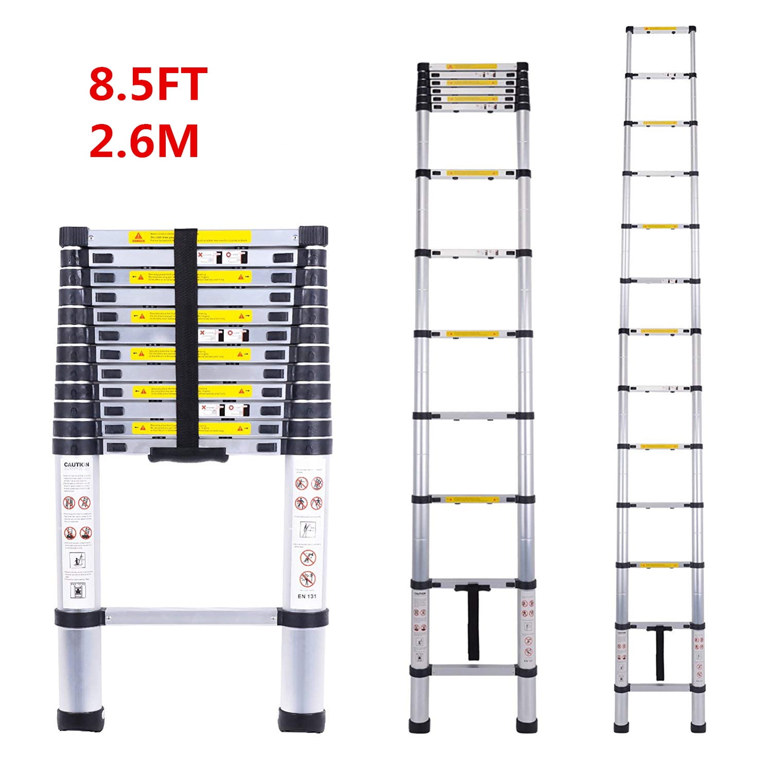10.5Ft/8.5Ft/6.6Ft Aluminum Telescopic Extension Ladder, NonSlip