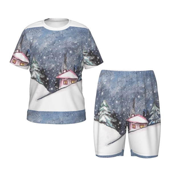 Balery Watercolor Winter Landscape For Christmas Conjunto de Pijama Infantil de Manga Corta con Estampado – Ropa de Dormir de Algodón Suave-Medium