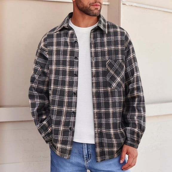 Aobny Pocket Mens Tshirt Plaid Chambray T-Shirt Polos Big & Tall Collared Long Sleeve T-Shirts for Man,Black,L