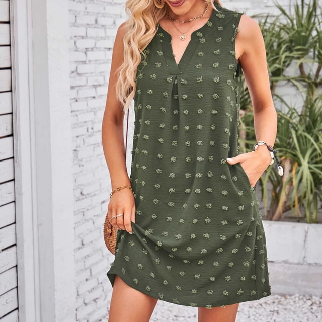 Pisexur Robe Sans Manches Col en V Mode Femme Couleur Unie Confortable avec Poches