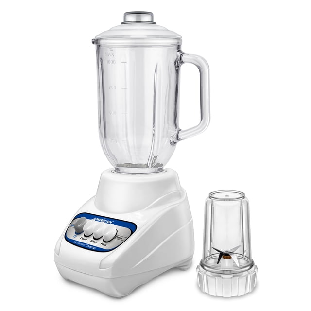 licuadora american 1314 3 velocidades vaso de vidrio blanca, jarra de vidrio 1 L con tapa hermética y mirilla removible; base blanca con controles para 3 velocidades y pulso y motor 350 W; vaso procesador 0.25 L, adecuado para preparar salsas o papillas.