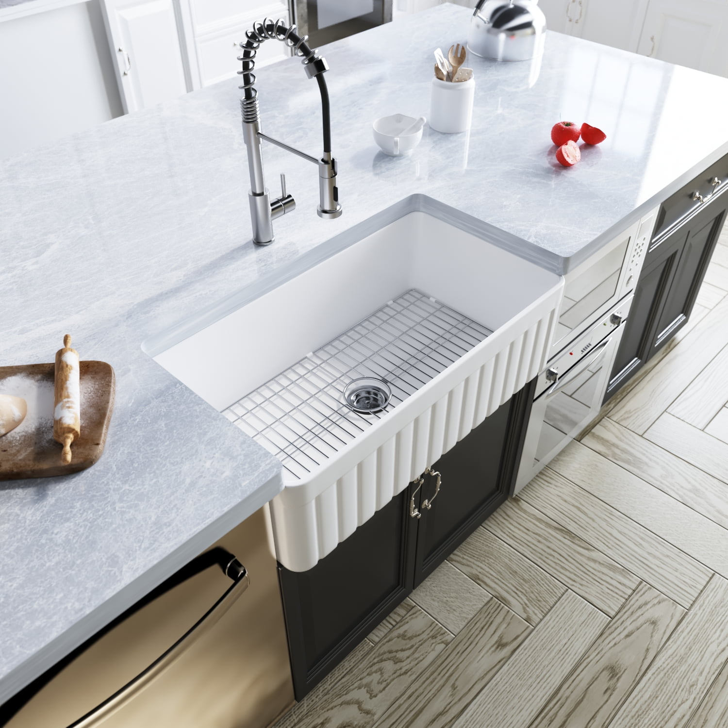 DeerValley DV-1K502 Fireclay Farmhouse Kitchen Sinks 33 Inch Single Bowl with Grid and Strainer ( 33"L x 18"W x 10"H )