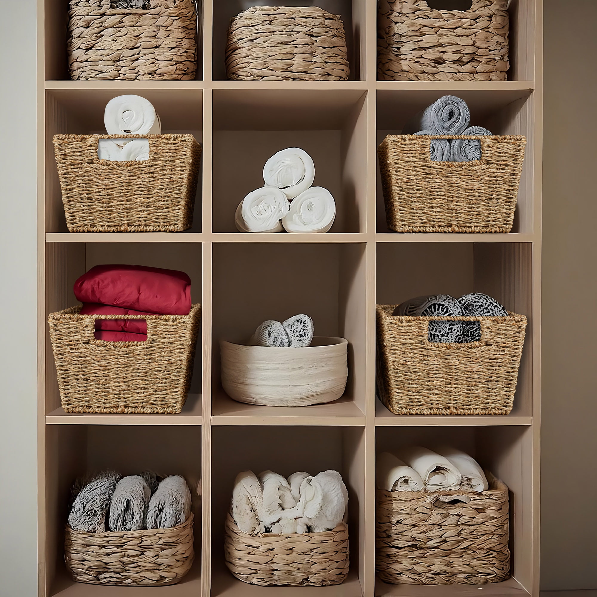 Casafield Set of 4 Seagrass Storage Baskets with Handles - Natural, 12" x 9" x 6" Rectangular Storage Shelf Bins, Blankets, Laundry
