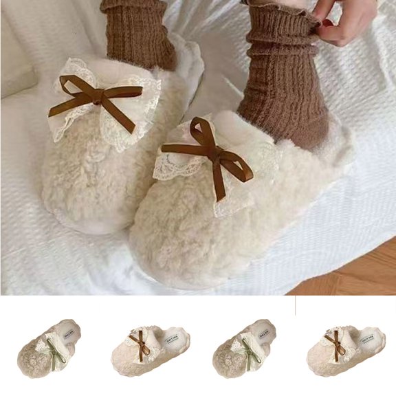 Cute Bow Fuzzy Women's Slippers Winter Warm Fluffy Closed Toe House Slippers Slip On Plush Bedroom Shoes Indoor Outdoor Brown-A
