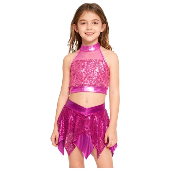 Eandarui Kids Girls Sequins Metallic Ballet Jazz Hip Hop Dance Outfits Halter Crop Top with Asymmetric Tutu Skirt Set Hot Pink 16