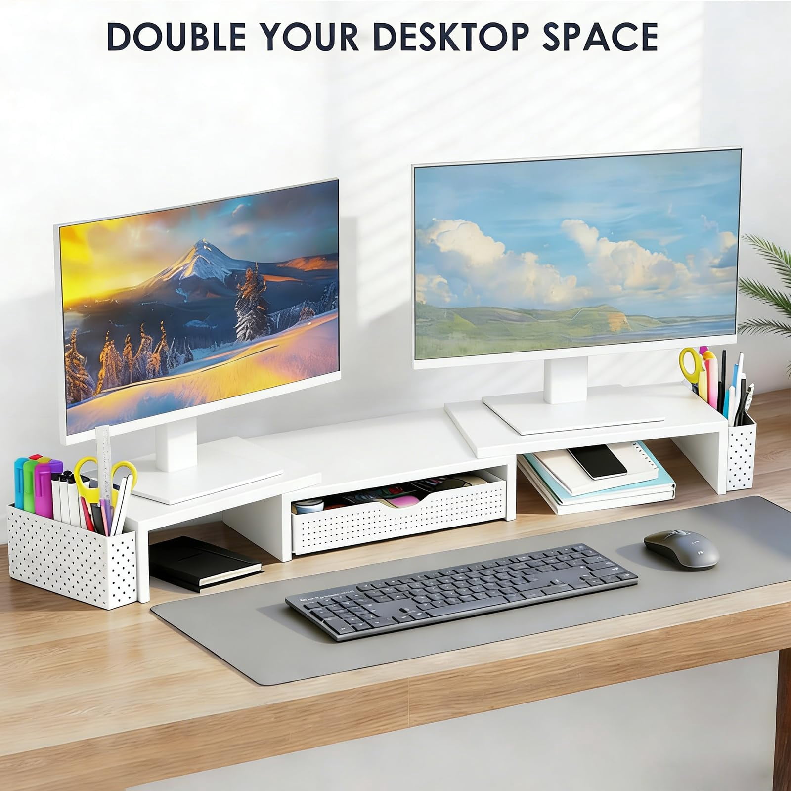 Metal Desk Organizers And Accessories  Dual Monitor Stand Riser With Drawer 2 Pen Holders & Workspace Desktop For Office Supplies (white)