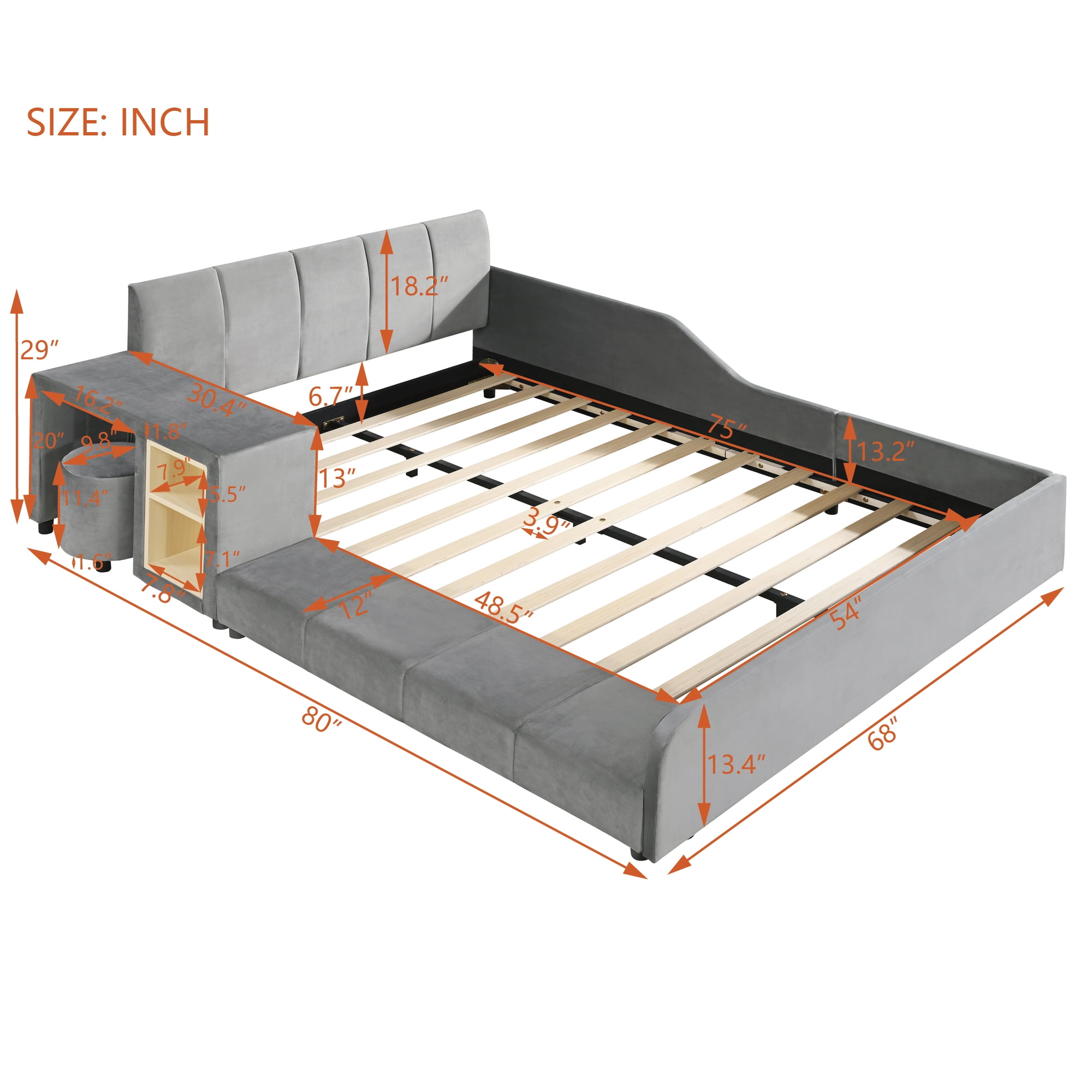 Aukfa Full Size Velvet Upholstered Mother & Child Bed Frame, Grounded Platform Bed with Bedside Desk & Round Stool, Floor Bed for Kids & Adults Bedroom, Gray