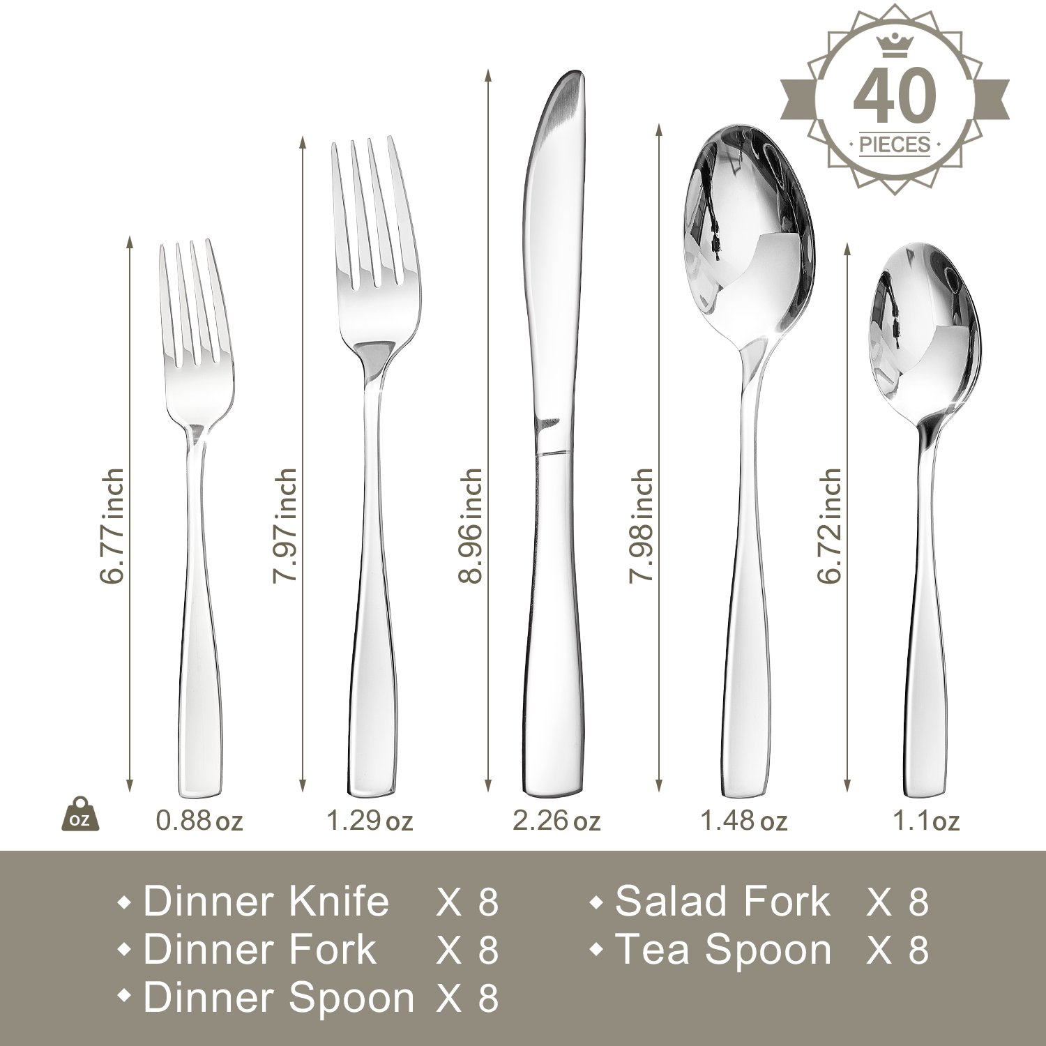40 Pcs Silverware Set, Modern Flatware Set Service for 8, Mirror Polished, Dishwasher Safe