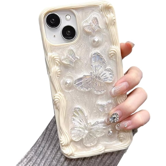 Compatible with iPhone Case,Cute Elegance Glitter Butterfly Pattern Silicone [ Drop&Full Body Protection] Shockproof Cover Phone Case (White,iPhone 12)