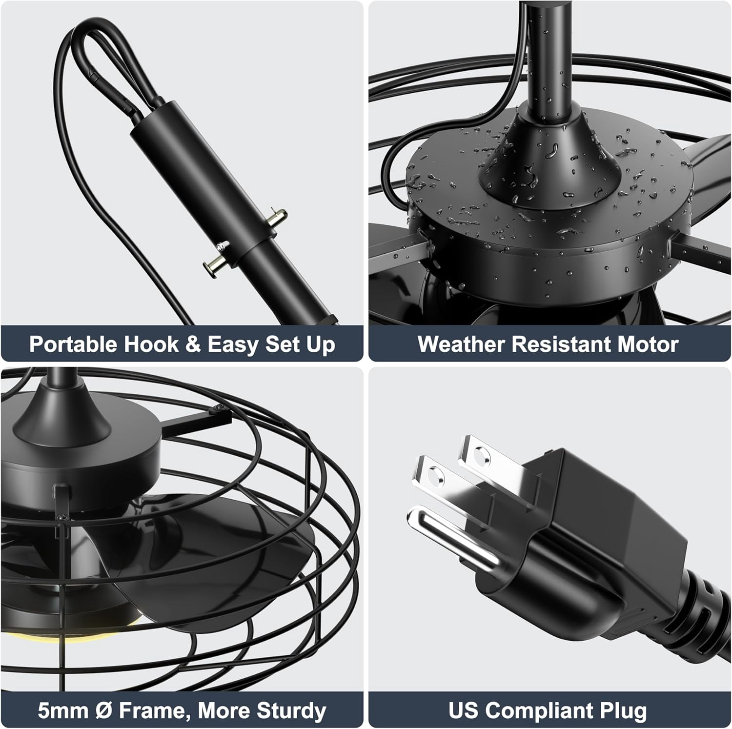 Ohniyou Outdoor Ceiling Fans with Light for Patios, 20" Farmhouse Waterproof Plug in Gazebo Fan Remote&APP Control, Caged Ceiling Fan for Porch Pergola Canopy, Black