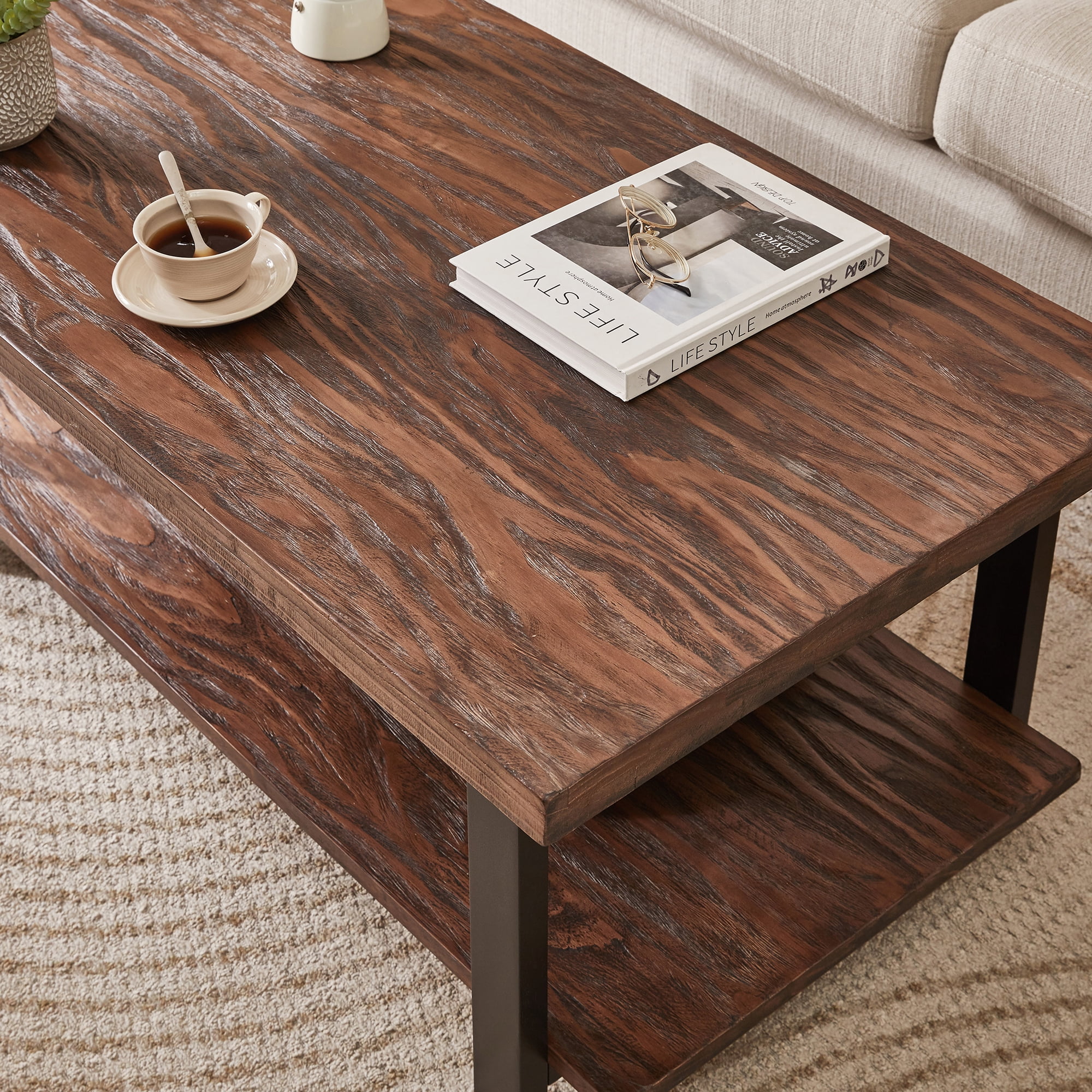 GARITIN All-Solid-Wood Farmhouse Rustic Rectangle Coffee Table, Living Room Coffee Table with Open Storage Shelf, Heavy-Duty Home Furniture, Walnut