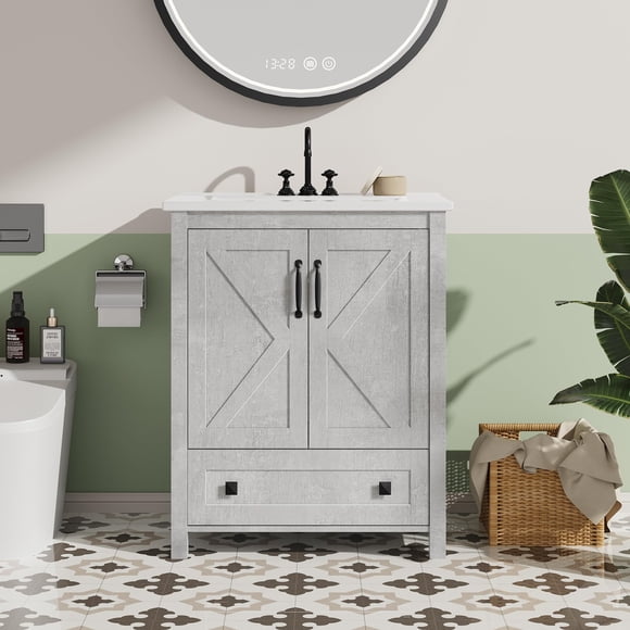 EDTara Modern 24 Inch Bathroom Vanity, Freestanding Wood Storage Cabinet With Ceramic Vessel Sink and Soft-Close Door & Drawer