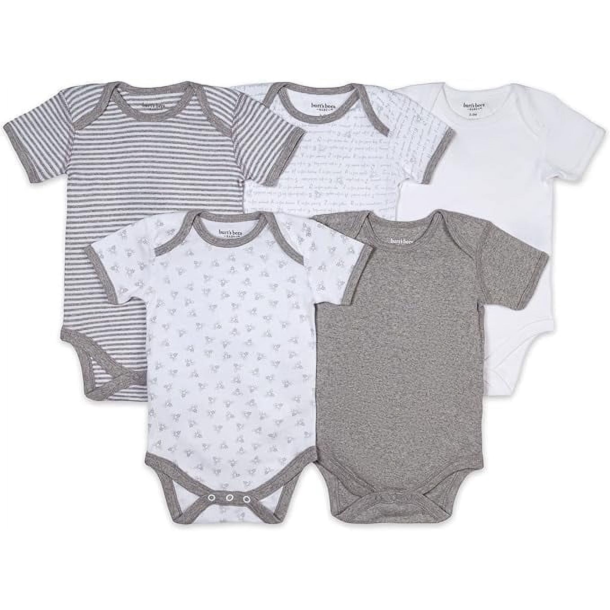Burt's Bees Baby 100% Organic Cotton Unisex Short Sleeve Heather Grey Bodysuits, 5-Pack