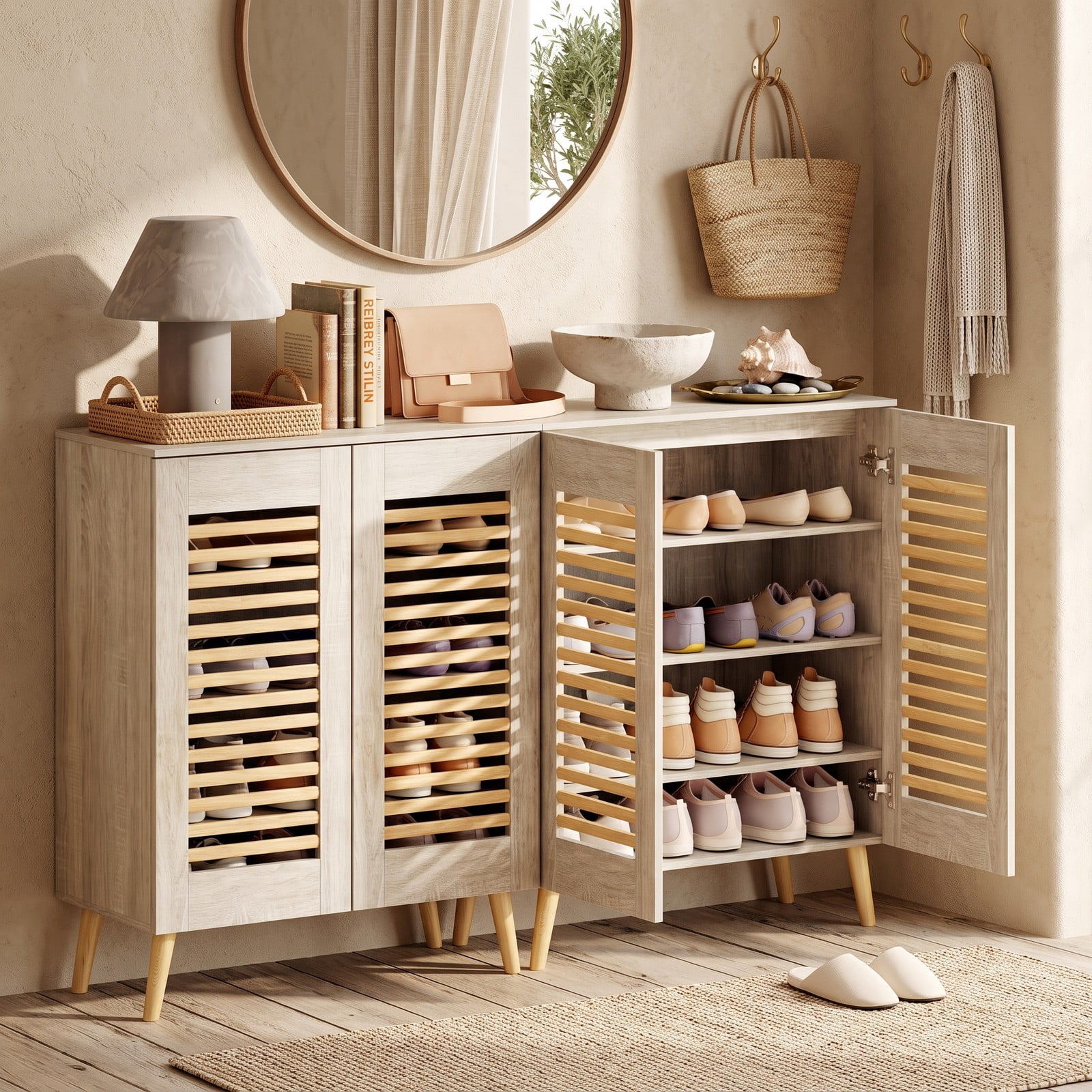Furnibear Shoe Cabinet with Louvered Doors and 3 Removable Shelves for Entryway Closet and Hallway Shoe Storage Organizer, Natural