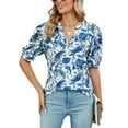 thumbnail image 3 of TEMOFON Women Tops Summer Tunic V Neck Blouse Fashion Paisley Puff Sleeve Shirts Vintage Casual Loose Fit Tee Blue Flower Print Size L, 3 of 5