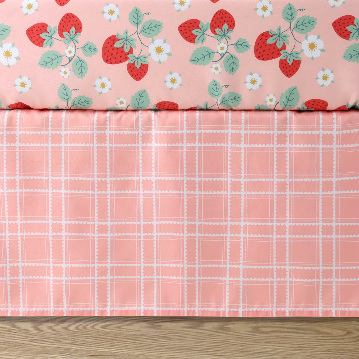 The Peanutshell Strawberry Sweet 3-Piece Baby Crib Bedding Set with Quilt Blanket, Crib Sheet, and Skirt