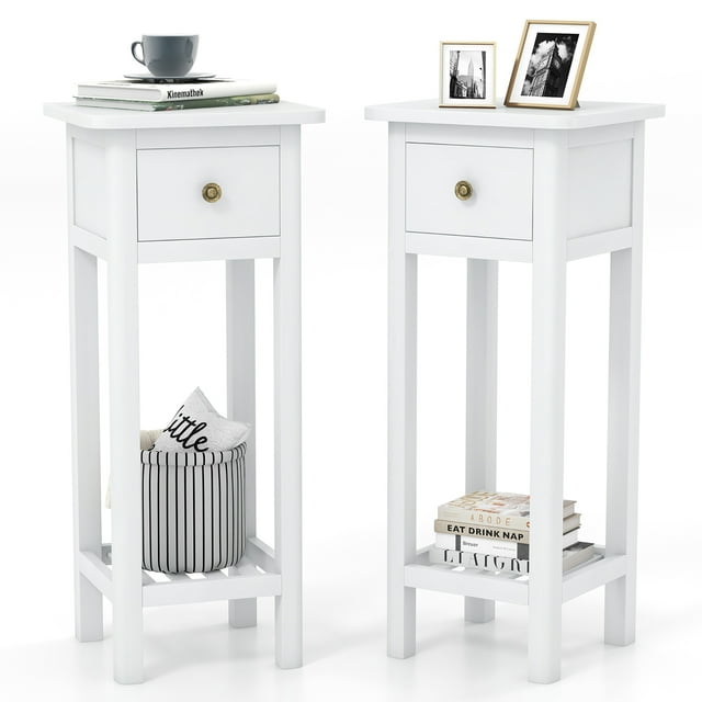 Gymax Solid Wood Side Table Rectangular 2PCS Sofa Side Table w/ Acacia Wood Top Telephone Table White