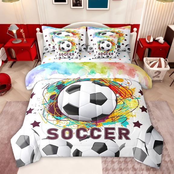 Feelyou Modern Football Gaming Twin Bedding Sets 7-Piece for Boy, Black White Honeycomb Bedding Comforter Set, Cartoon Sport Theme Reversible Sheet Sets, Super Cozy Room Decor