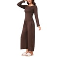 thumbnail image 4 of INSPIRE CHIC Women's 2 Piece Lounge Set Long Sleeve U-Neck Top & Wide Leg Pants Pajama Set for Sleeping & Casual Wear L Coffee, 4 of 6