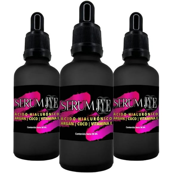 JYE Serum Facial Acido Hialurónico, Argán, Vitamina E, Coco. Orgánico para todo tipo de piel, antiedad, hidratante, suero antiarrugas. Set de 3 botellas 50 ML