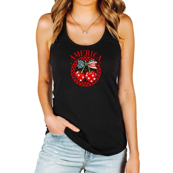 America Cherry Tank Top for Women & Teens Cute Patriotic Cherries and Bow Sleeveless Tee Black Tank Top X-Large