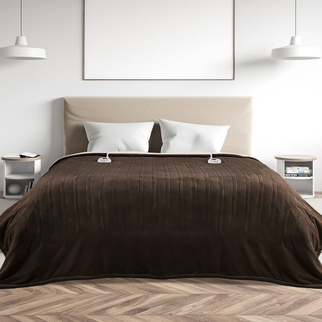 MARNUR Electric Heated Blanket Queen Size 84''x90'', Fast Heating with Dual Controllers, 10 Heating Levels, 10H Timers, Preheat Function - Brown