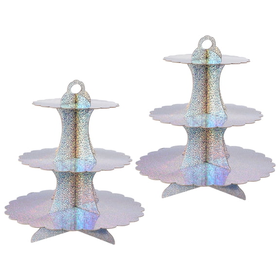 Uxcell 2 Pcs 3-Tier Cupcake Stand, Cardboard Cake Stand Dessert Table Displays Holder for Wedding Birthday Party Anniversary, Laser Silver
