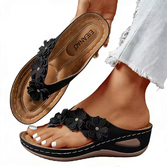 Women's Summer Casual Thick-Soled Floral Sandals - EIEANAO - Black Size 6