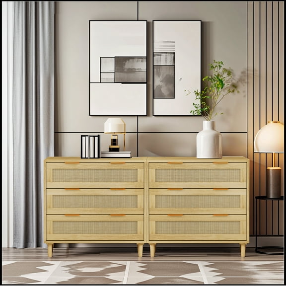 3-Drawers Rattan Storage Cabinet Rattan Drawer (Set of 2),for Bedroom,Living Room,Dining Room,Hallways,Oak