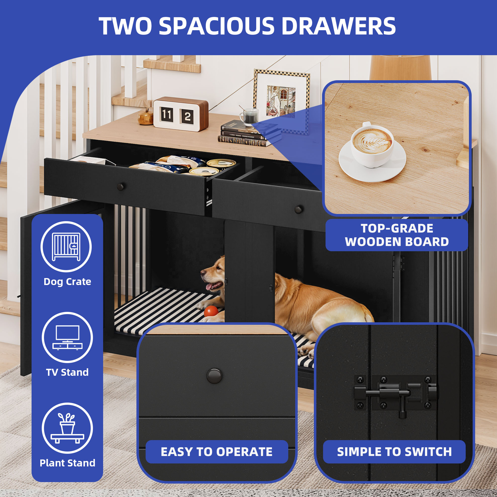 ModFusion 60" Black Dog Crate Furniture with Rustic Wood Top, Divider & Dual Drawers, Indoor Kennel Console for Large Dogs up to 80 lbs