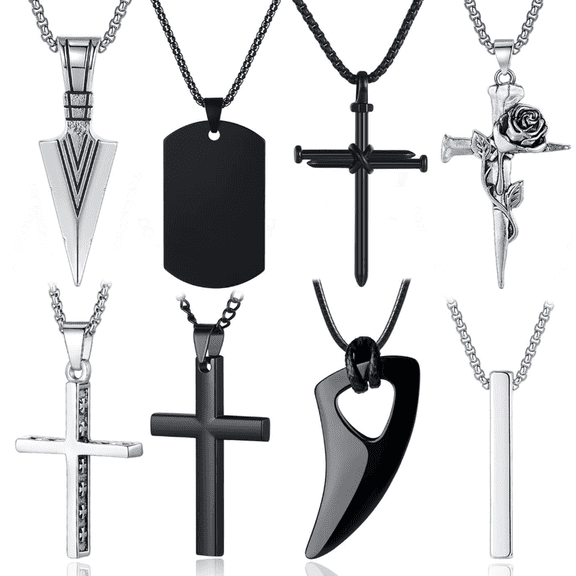8 Pcs Necklace for Men, Mens Necklaces Jewelry Set, Black and Silver Stainless Steel Necklace, Cross Pendant Necklace
