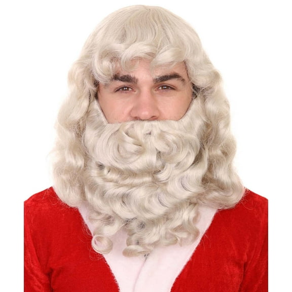 HPO Adult Men's Super Deluxe Santa Wig & Beard Set | White Merry Christmas Synthetic Fiber