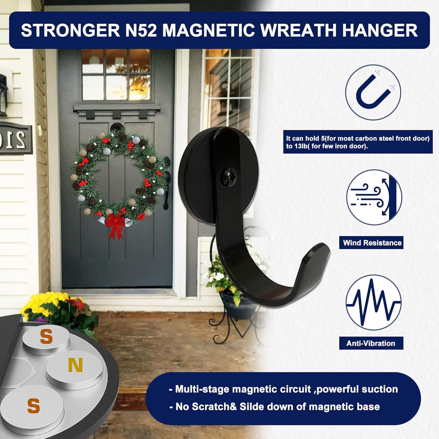 MKEUDQ-2 Pack Magnetic Wreath Hanger, Strong N52 Neodymium Magnetic Hooks for Towel Coat Umbrella Indoor Hanging, Garland Hook for Metal Front Door Wreath Hanger