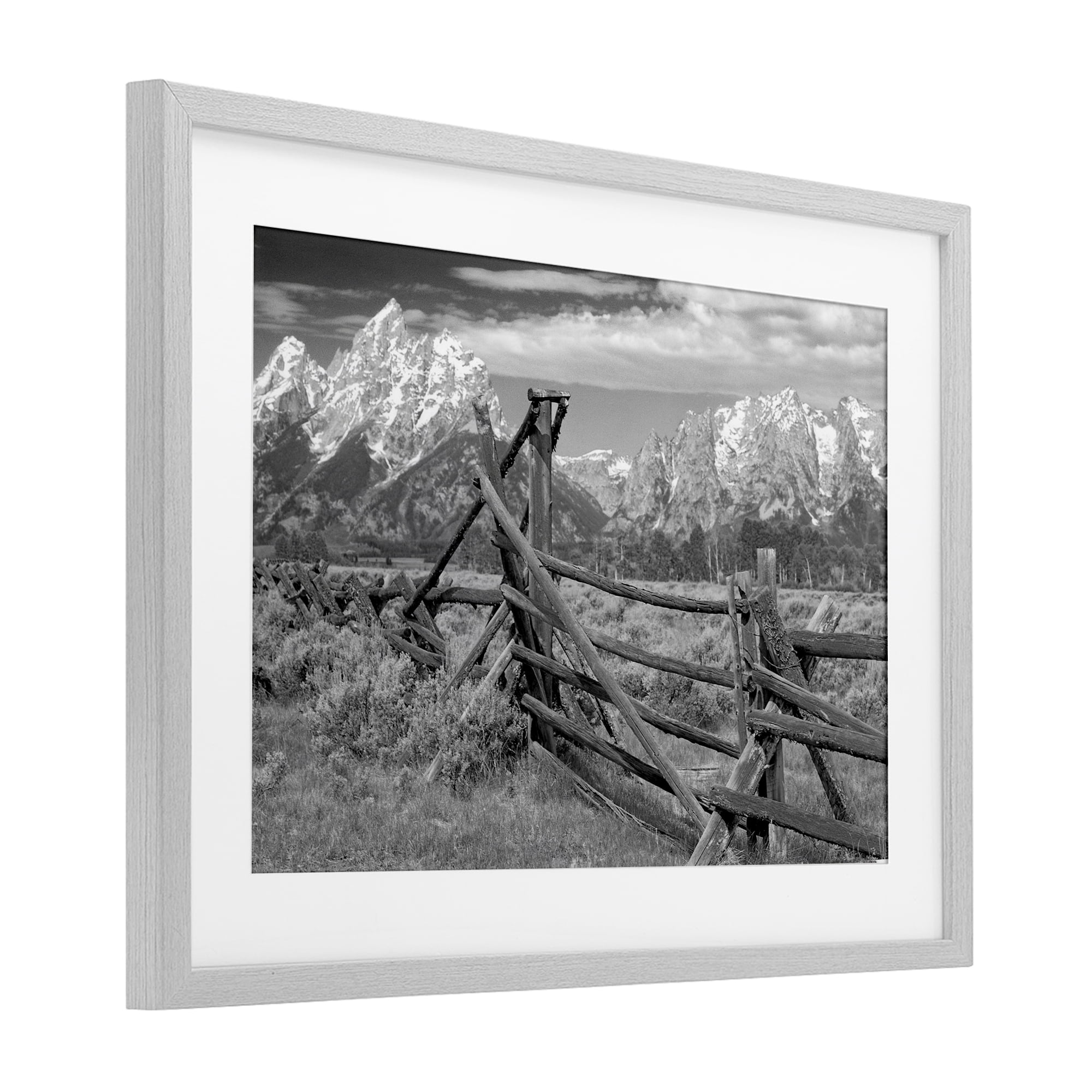 Grand Tetons Mountains & Fence Gray Framed Print Under Glass, design by MJ Photography