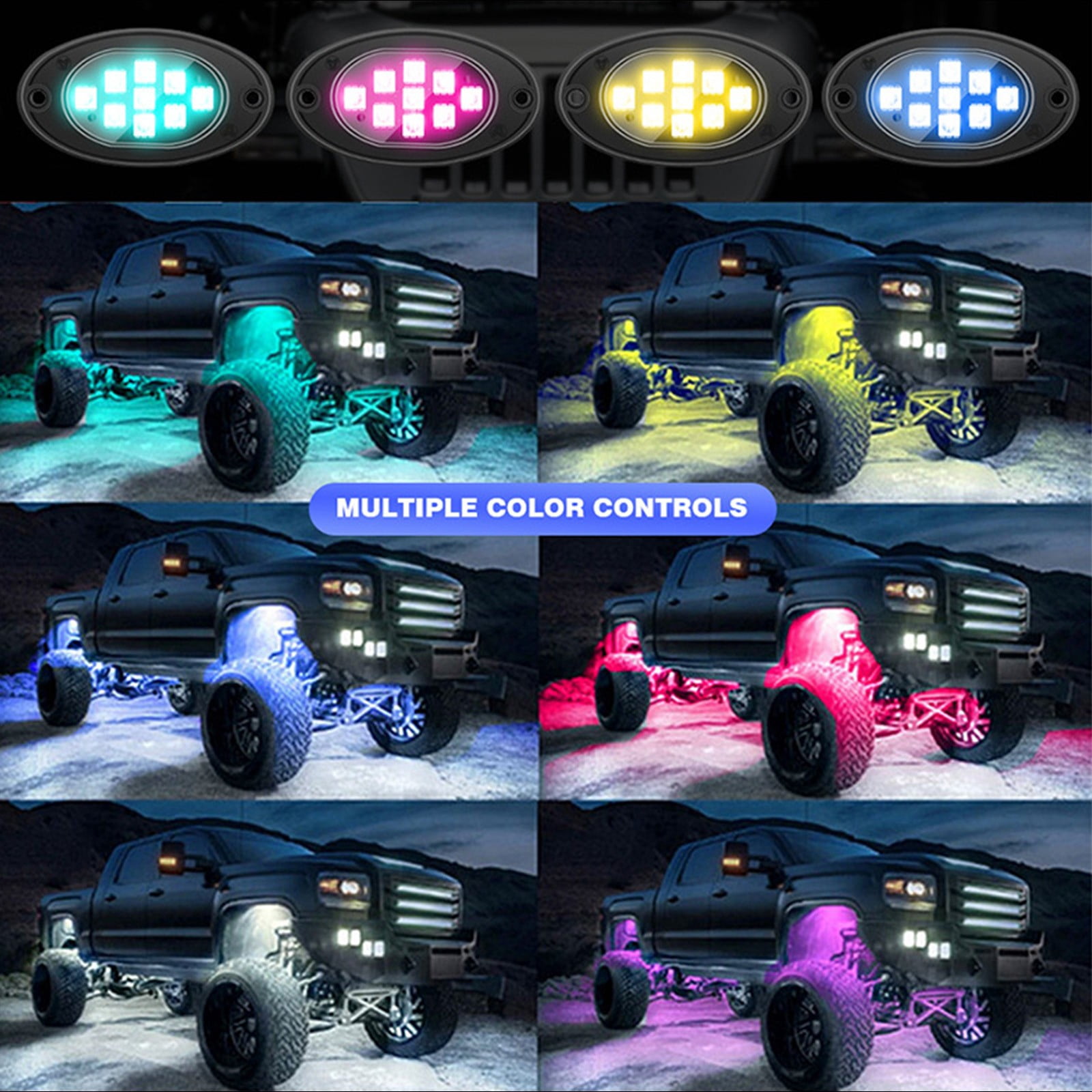 Ohmyroo RGB LED Rock Lights 6 Pods Bluetooth App Control Underglow Chassis Light Kit Black
