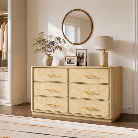 SICOTAS 55" Wide Burl Wood Dresser for Bedroom, 6-Drawer Oversized Storage Chest of Dresser with Curved Silhouette & Gilded Handles,Light Burl Wood