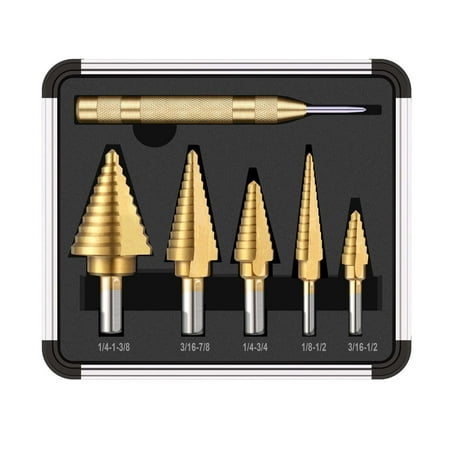 

Htovila HSS 5PCS Titanium Step Drill Bit Set with Automatic Center Punch High Speed Steel Drill Bits Set with Aluminum Case Multiple Hole Stepped Up Bits for Wood Metal